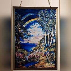 Louis C. Tiffany Glass Suncatcher Double Rainbow Wall Plague Signed